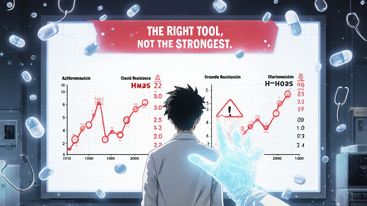 A scientist facing a screen showing rising antibiotic resistance, choosing the right pill as holographic symbols glow around them.