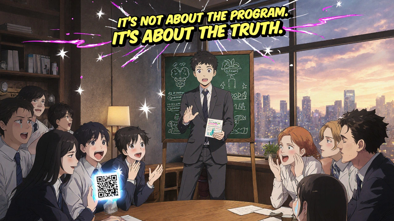 A small business owner teaches employees about wellness savings using a chalkboard chart, with glowing QR codes and emotional reactions.