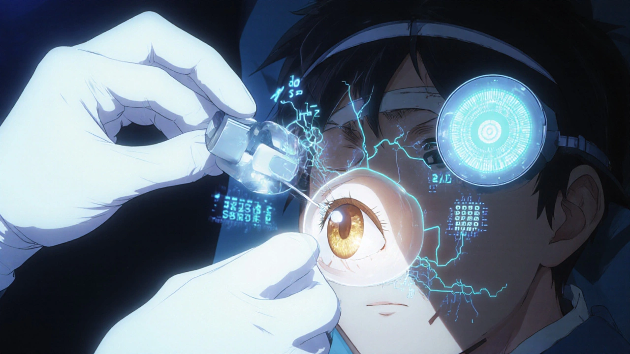 A surgeon carefully adjusts an eye muscle during strabismus surgery with glowing high-tech tools.