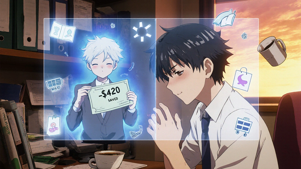 A tired worker sees a hologram comparing their stressed present to a healthier future, with icons of wellness activities floating around them.