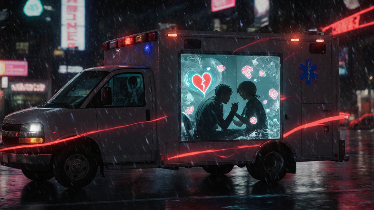 Ambulance speeding at night with EMT giving aspirin to a patient, heart cells crumbling around them.