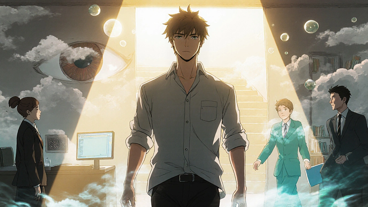 An adult walks confidently into a meeting, eyes aligned, with fading ghost image of past misalignment.