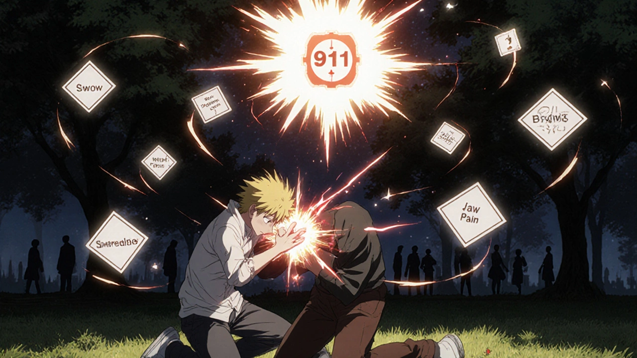 Bystander performing CPR on a collapsed person, glowing 911 icon above, warning symbols floating in the air.