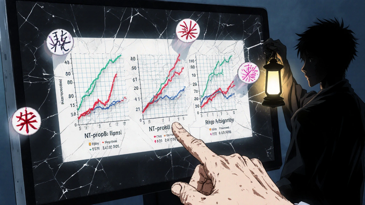 Cardiologist studying age-adjusted NT-proBNP graphs with CKD, AFib, and obesity symbols distorting the data, guided by a lantern of clinical judgment.