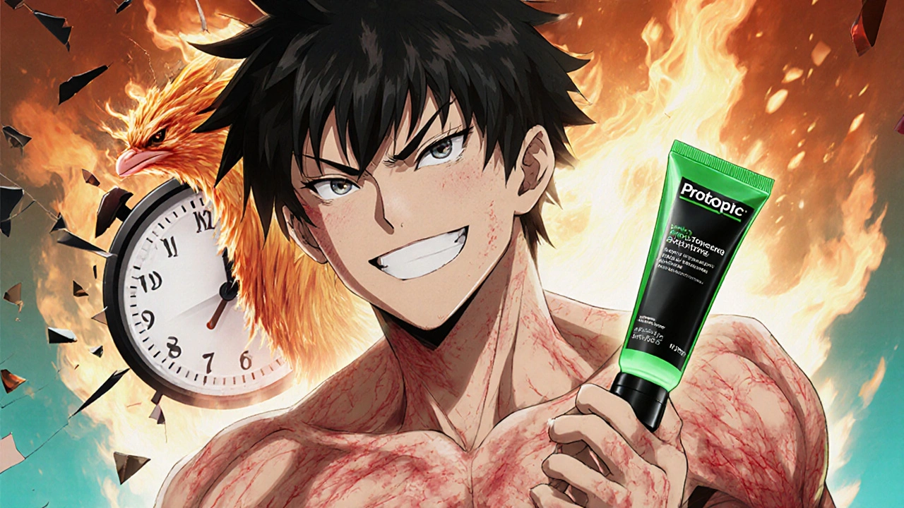 Character&#039;s skin healing as they switch from strong steroid to non-steroidal cream in anime transformation scene.