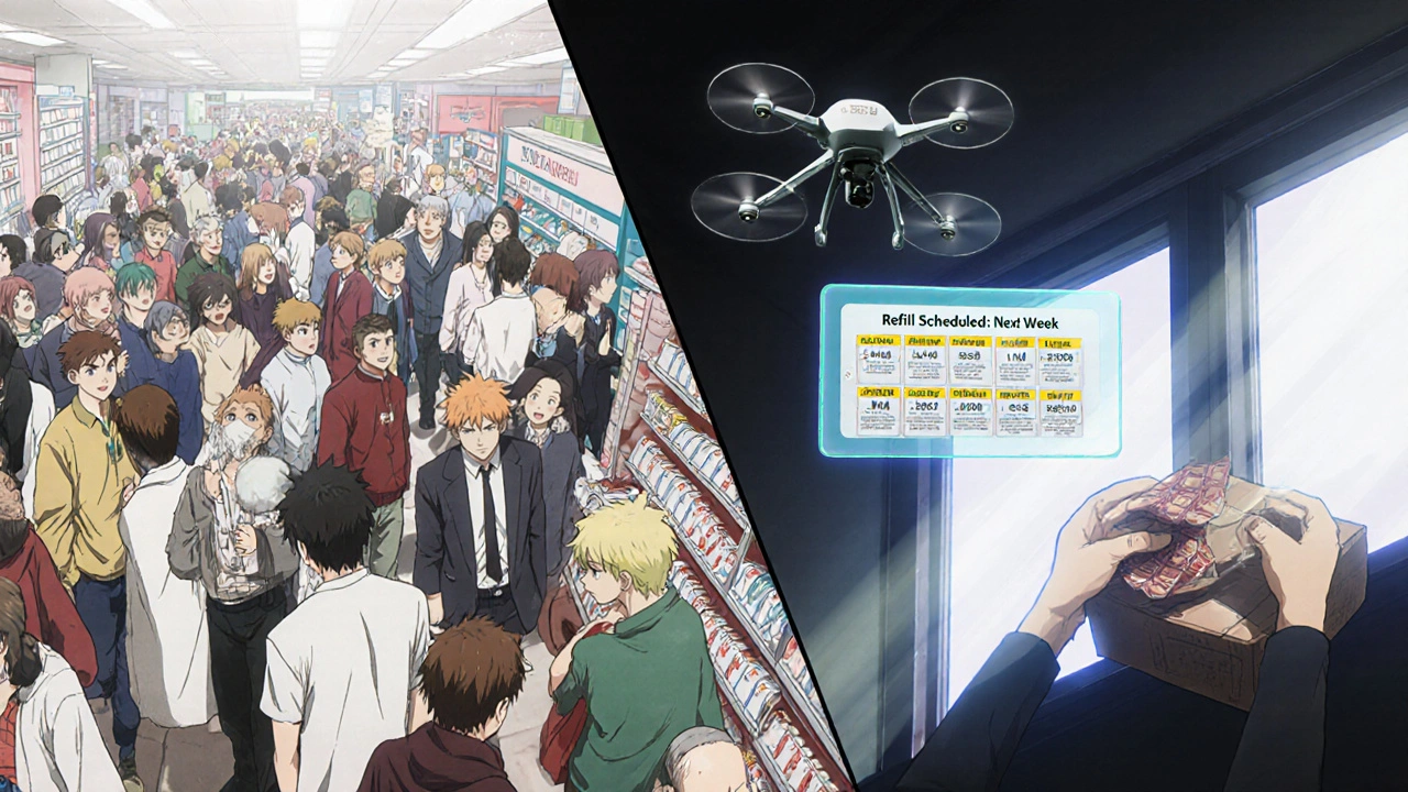 Contrasting scene: chaotic pharmacy vs peaceful home with automated medication delivery.