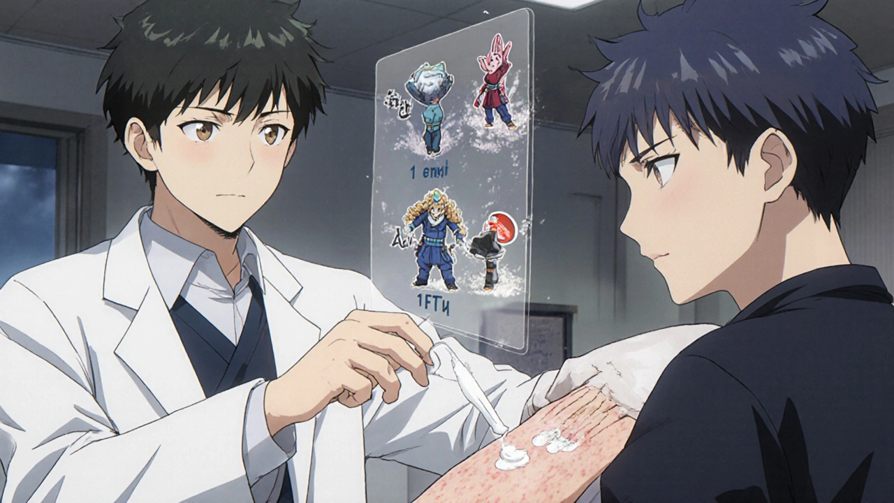 Dermatologist demonstrating fingertip unit measurement for steroid application with visual guides.