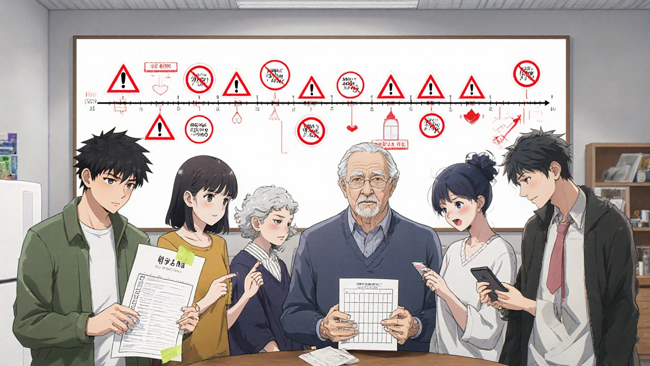 Diverse group tracking symptoms using paper, app, and printed charts in a community center.