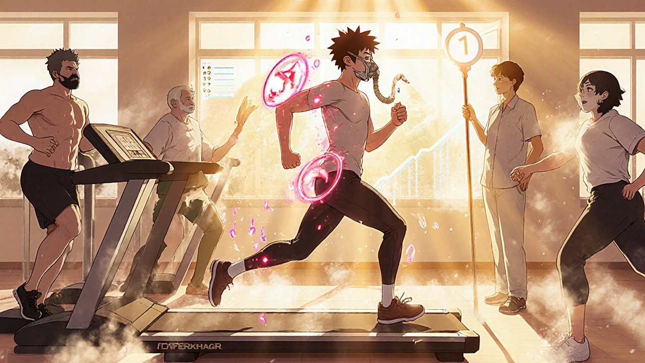 Diverse patients exercising in pulmonary rehab with glowing breath particles and progress bar in anime style.
