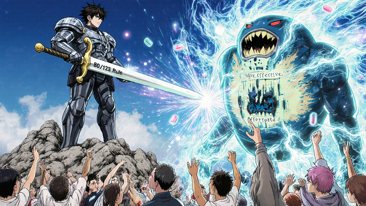 FDA warrior defeating a corrupted drug monster with the 80/125 Rule sword, patients receiving affordable medicine below.