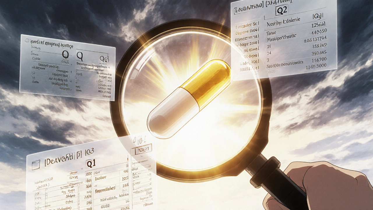Generic and brand-name pills side by side with glowing Q1-Q2-Q3 criteria floating around them, symbolizing equivalence.