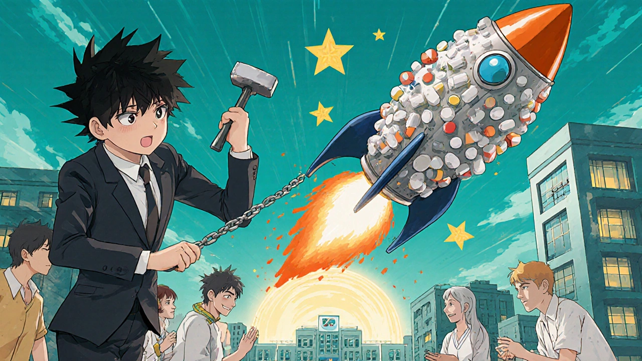 Generic drug rocket launches into space, saving patients across a city.