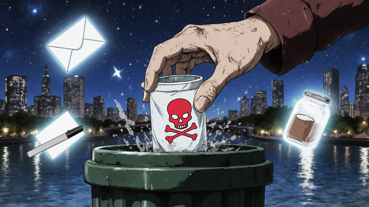 Hand disposing of sharps container in trash under starry sky with digital disposal map floating nearby.
