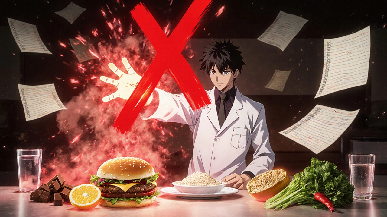 Hero rejecting trigger foods like coffee and chocolate, healthy alternatives glowing.