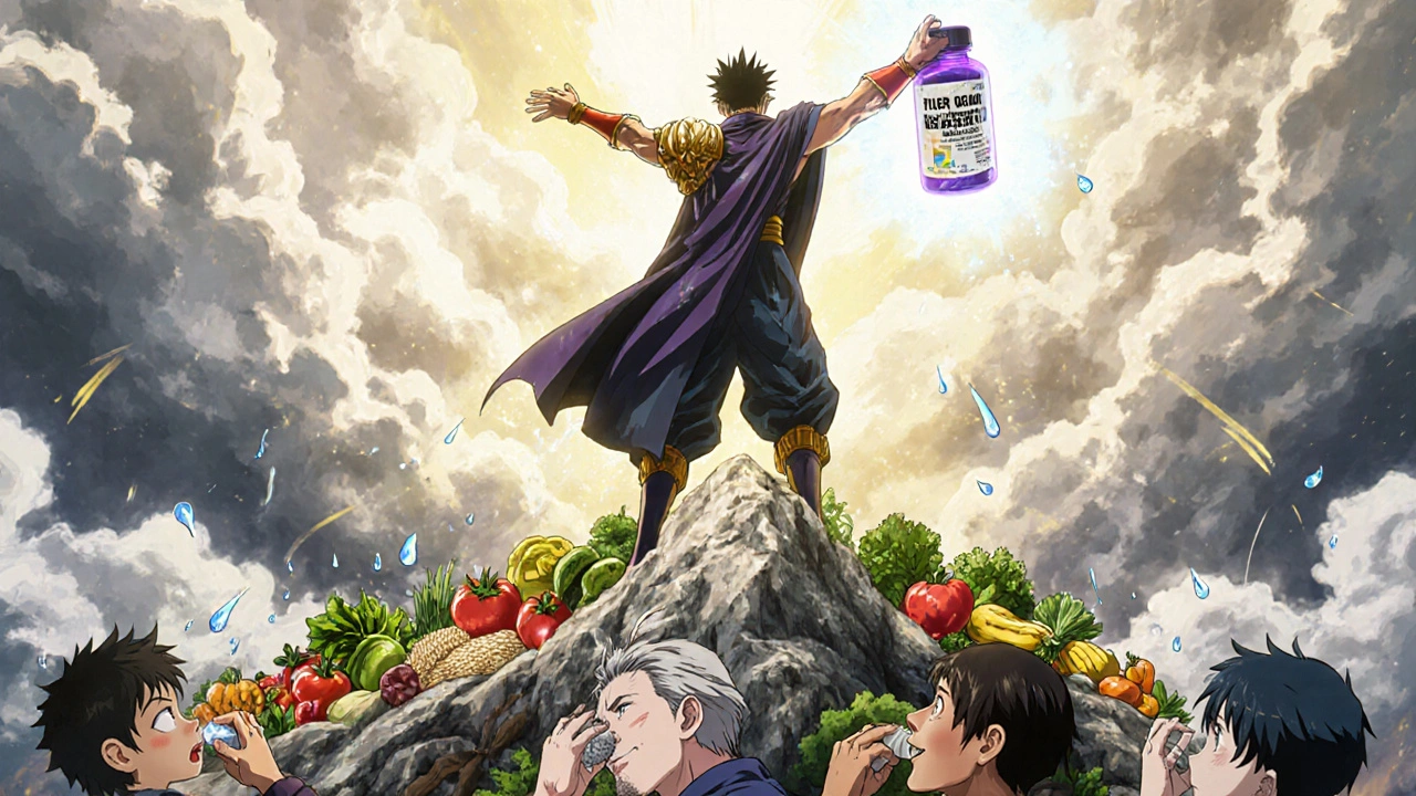 Hero standing on healthy foods, fiber supplement held away as glowing artifact in anime style.