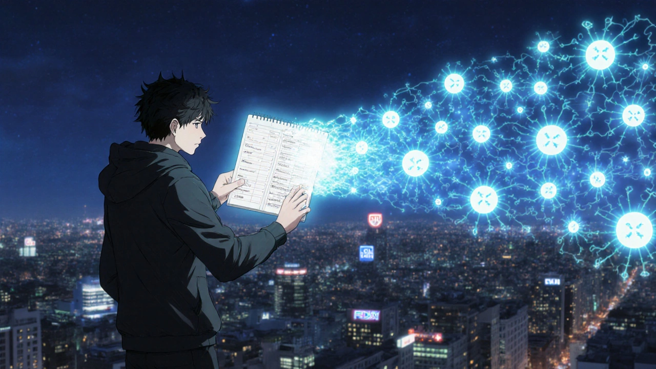 Heroic figure projecting protective energy from a symptom log over a city at night.