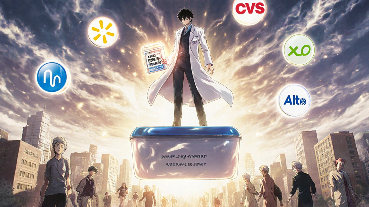 Heroic pharmacist holds giant generic medication box as delivery services glow as spiritual icons.