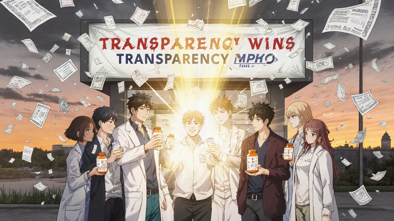 Patients united in front of a cash-only pharmacy, their pill bottles emitting light to defeat corporate pricing storms.