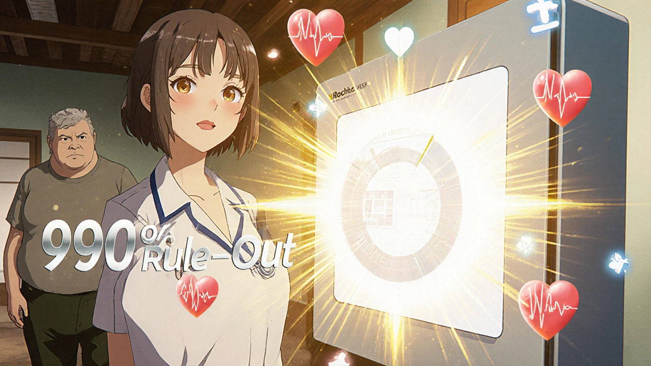 Point-of-care device flashing a result in a rural clinic, glowing heart icons pulse as a patient watches, with &#039;98% Rule-Out&#039; text in anime style.