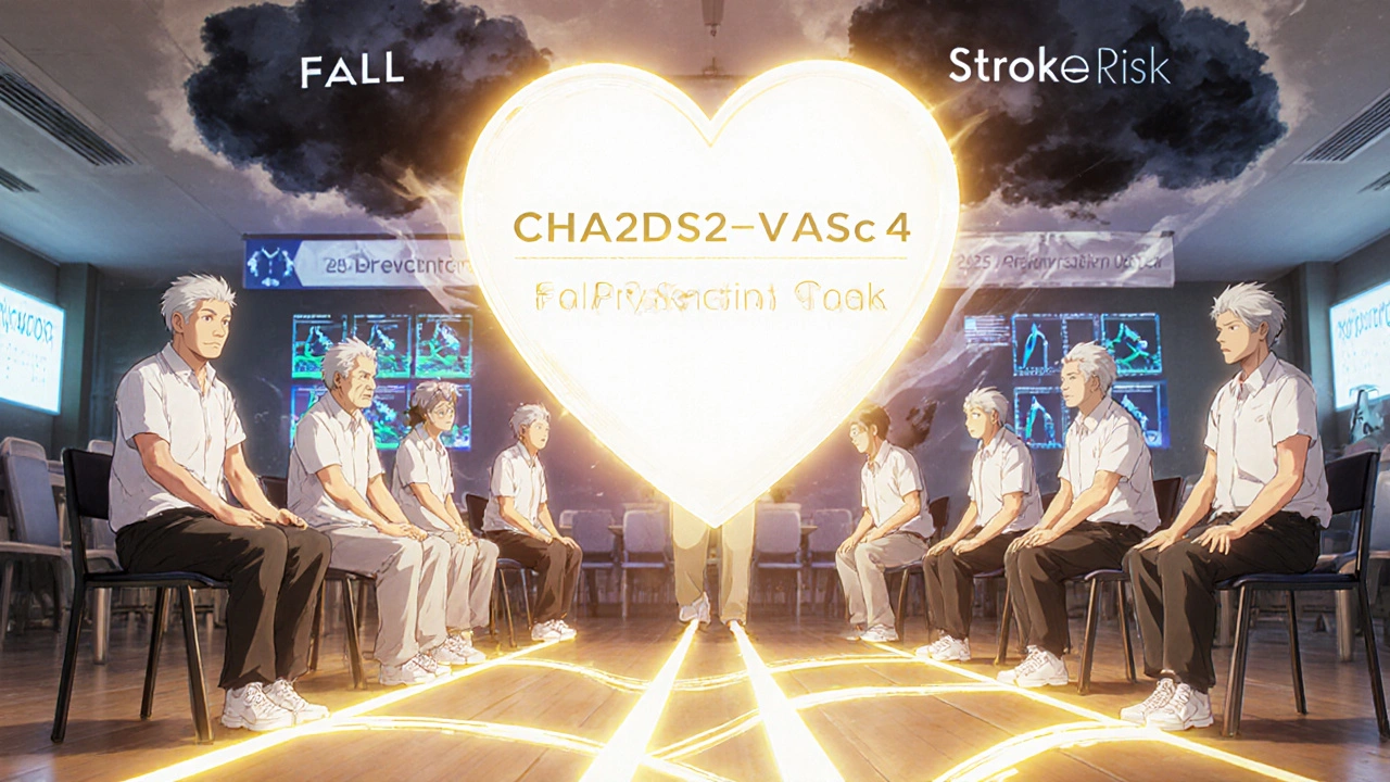 Seniors doing balance exercises with glowing energy trails and AI gait sensors in background.