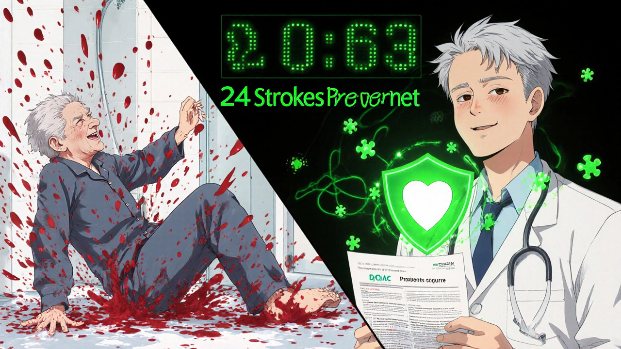 Split scene: senior falling in bathroom vs. same man safe with kidney test and DOAC shield.