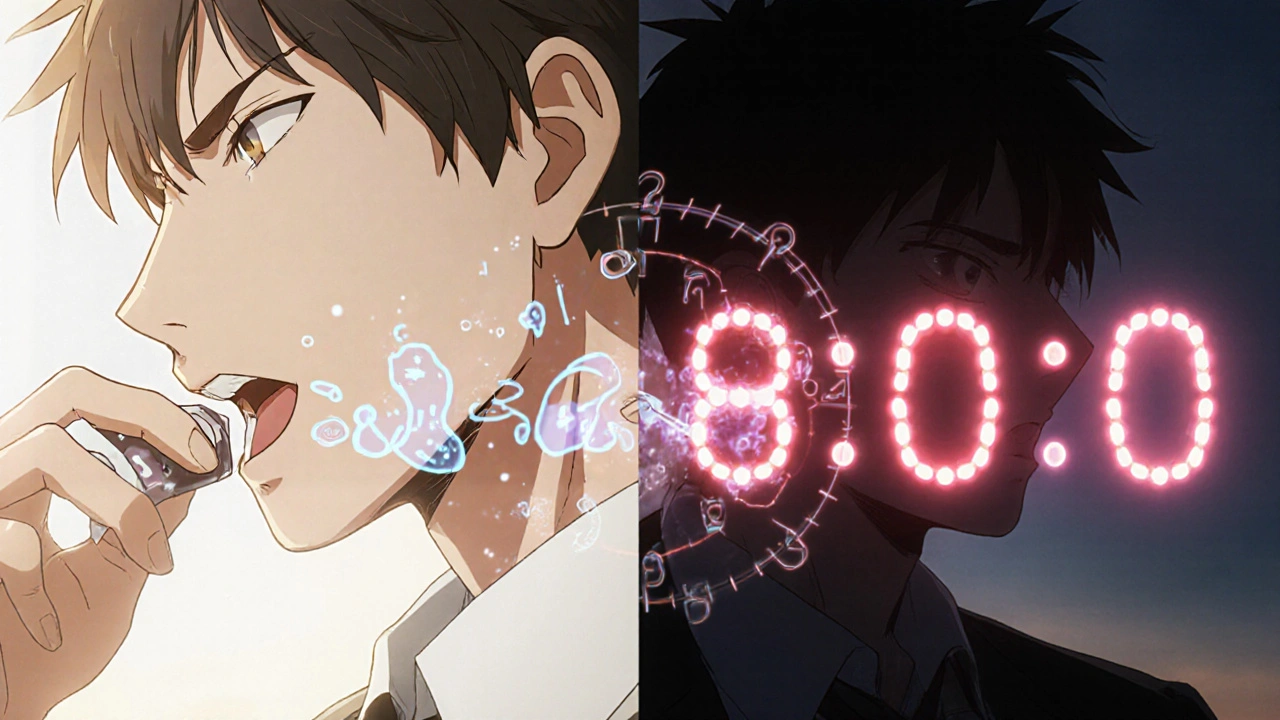 Split scene showing fiber and medication taken two hours apart with glowing time barrier.