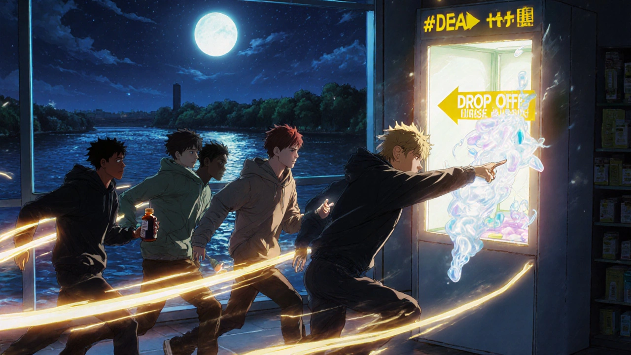 Teens dropping off medications at a glowing pharmacy take-back kiosk at night.