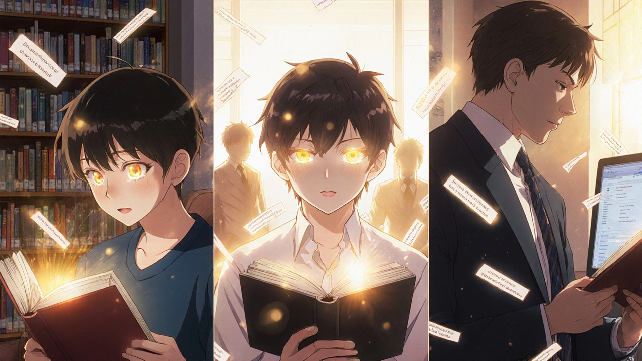 Three people reading comfortably, golden rays from eyes symbolizing restored binocular vision.