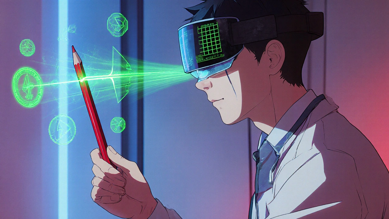 Vision therapist and patient doing pencil push-up exercise with holographic eye data.