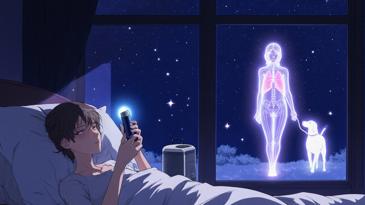 Woman with oxygen device, her spirit walking a dog under stars, healing inhaler glowing in shounen anime style.