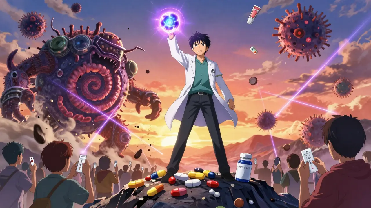 A doctor defeats a giant H. pylori monster with vonoprazan energy as patients hold testing kits in the background.