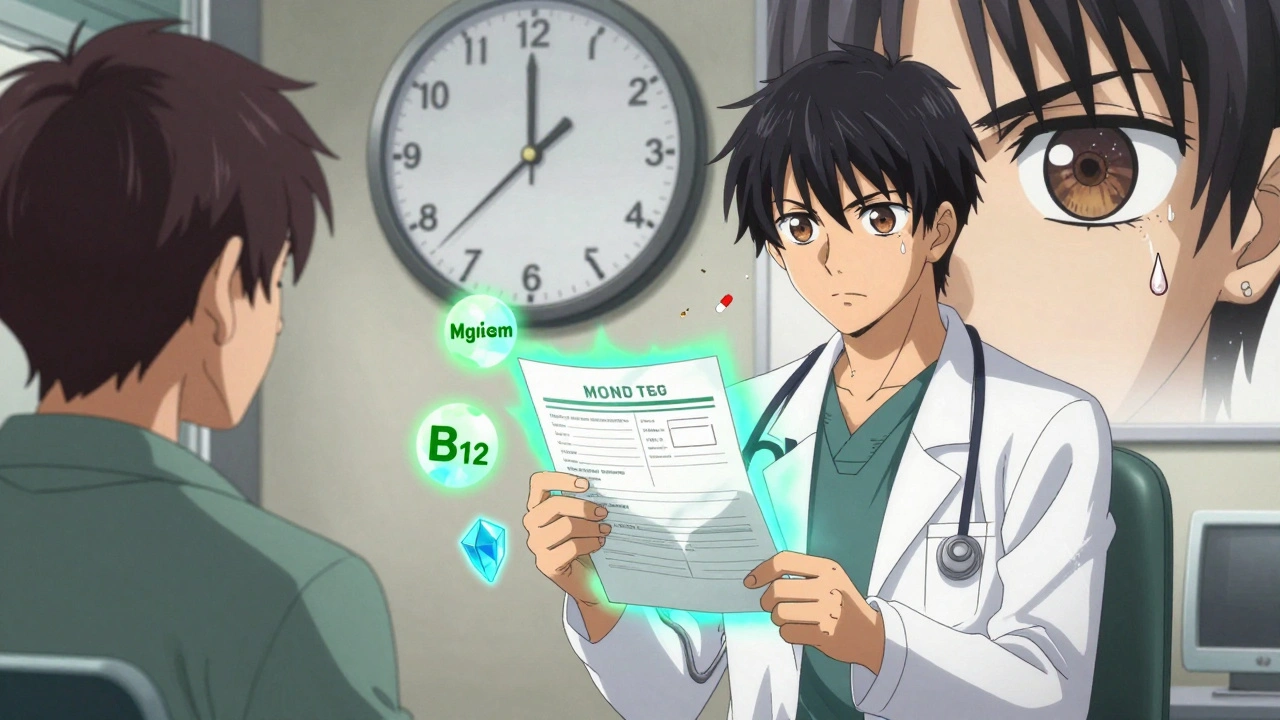 A doctor shows a blood test to a patient, with fading nutrient icons floating nearby.