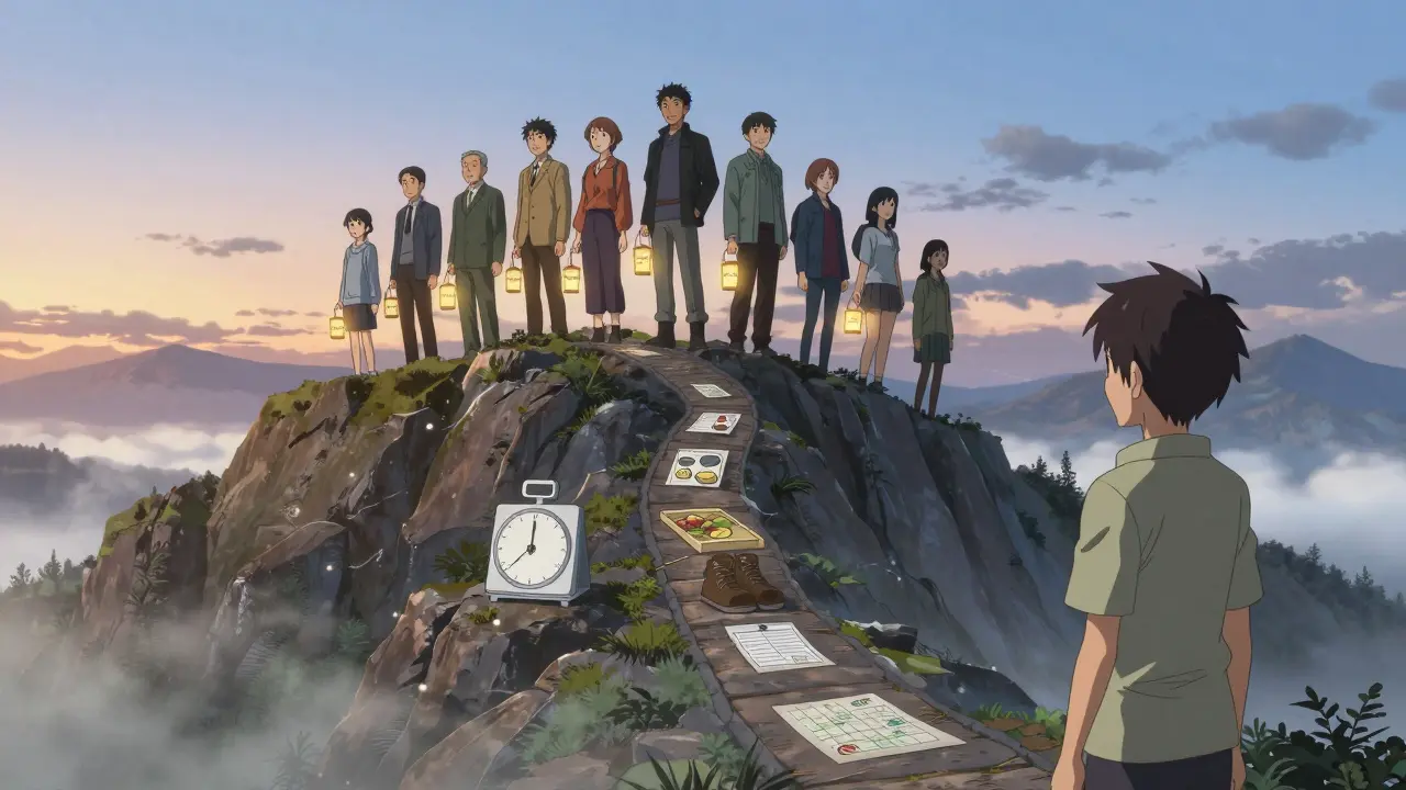 A group stands on a mountain peak holding lanterns labeled &#039;Remission,&#039; looking back at their journey below.