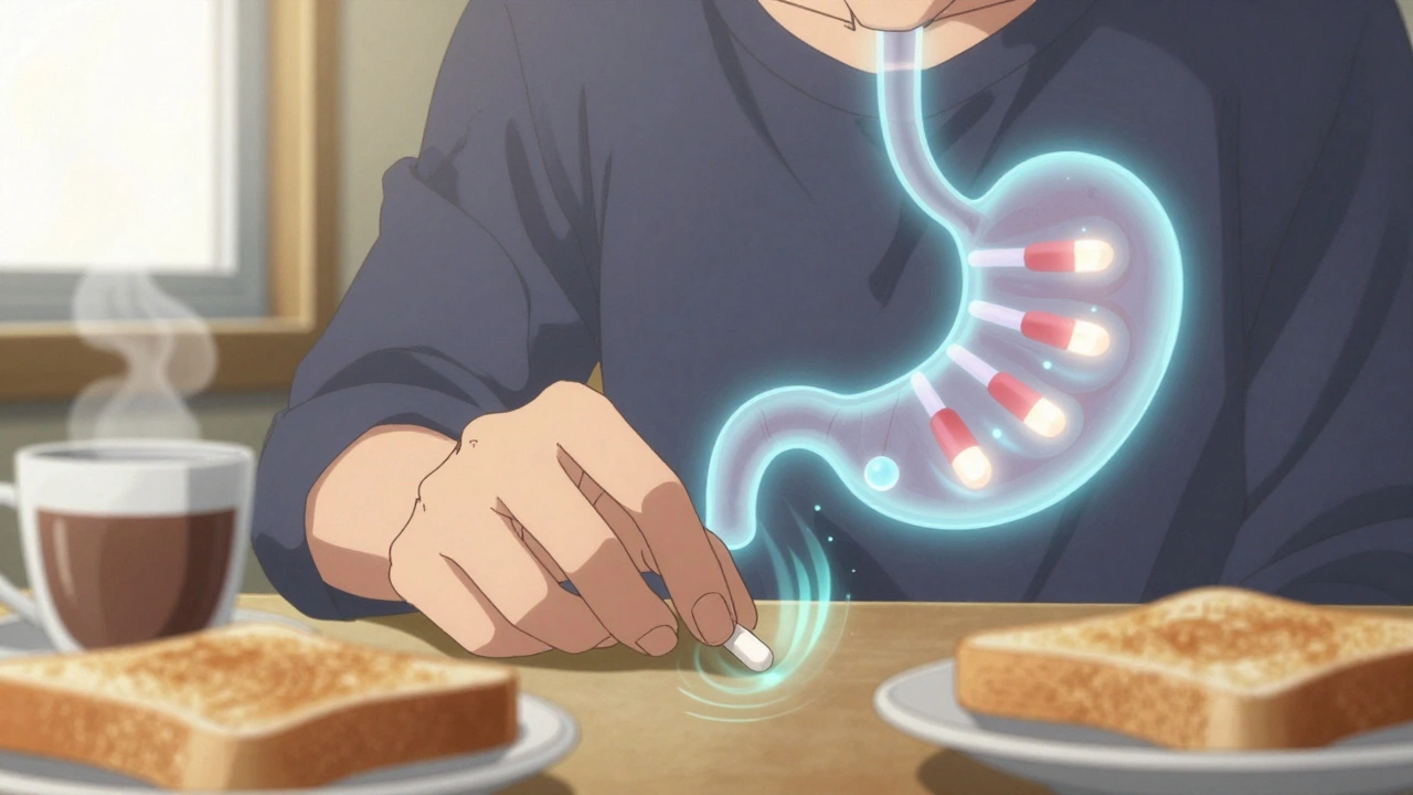 A hand placing a generic heartburn pill on a breakfast table, with a translucent stomach showing acid pumps shutting down in the background.