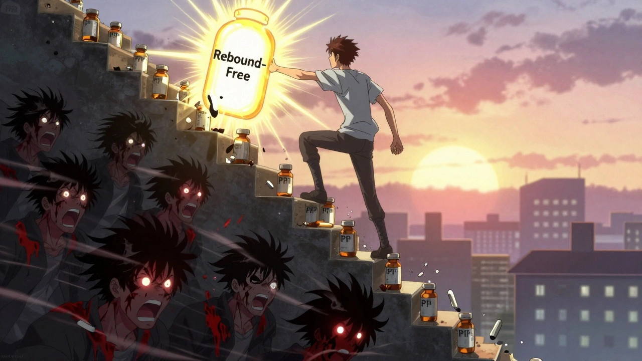 A hero climbs a staircase of crumbling PPI pills toward a bright exit portal.