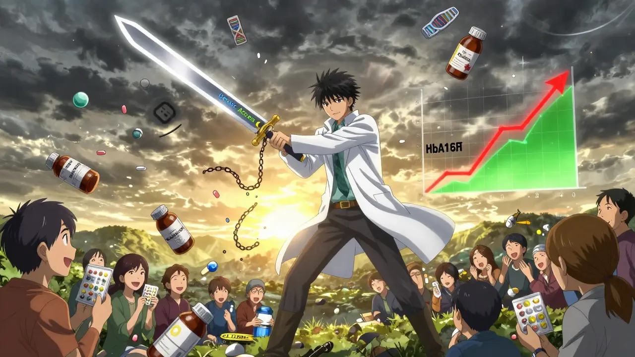 A hero in a lab coat cuts through patent chains as patients celebrate below with affordable meds.