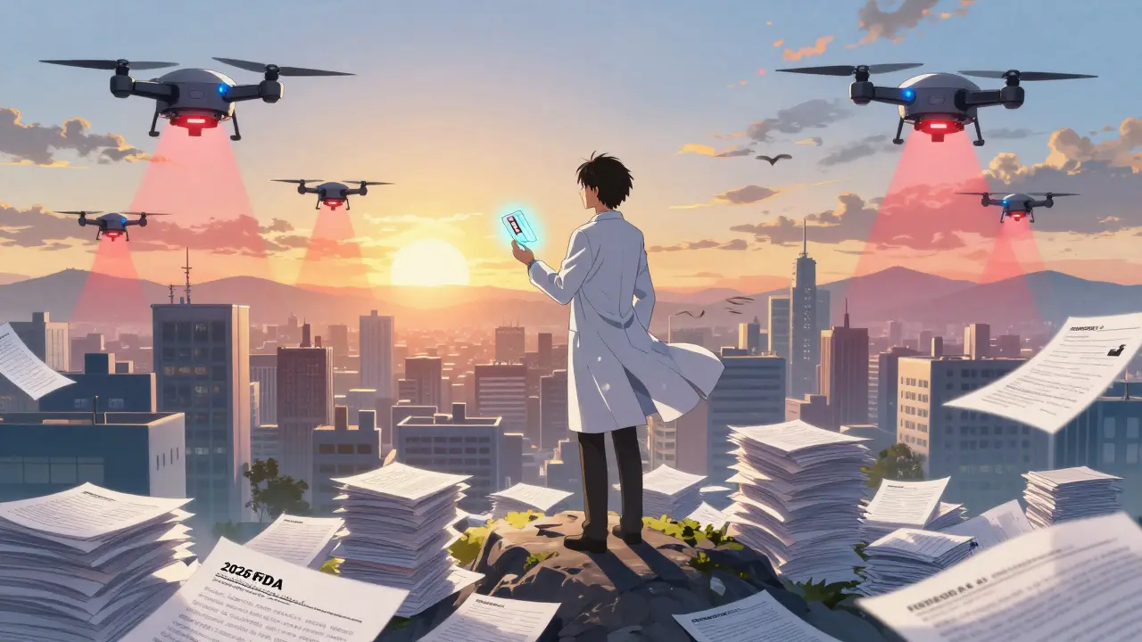 A lone figure stands atop rejected applications, holding an approved generic drug as AI drones scan the sky at sunrise.