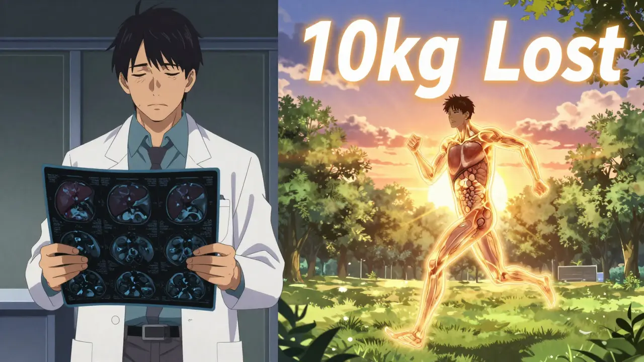 A man runs at sunrise, his body glowing with healthy organs as fat deposits vanish in an MRI-style visual.