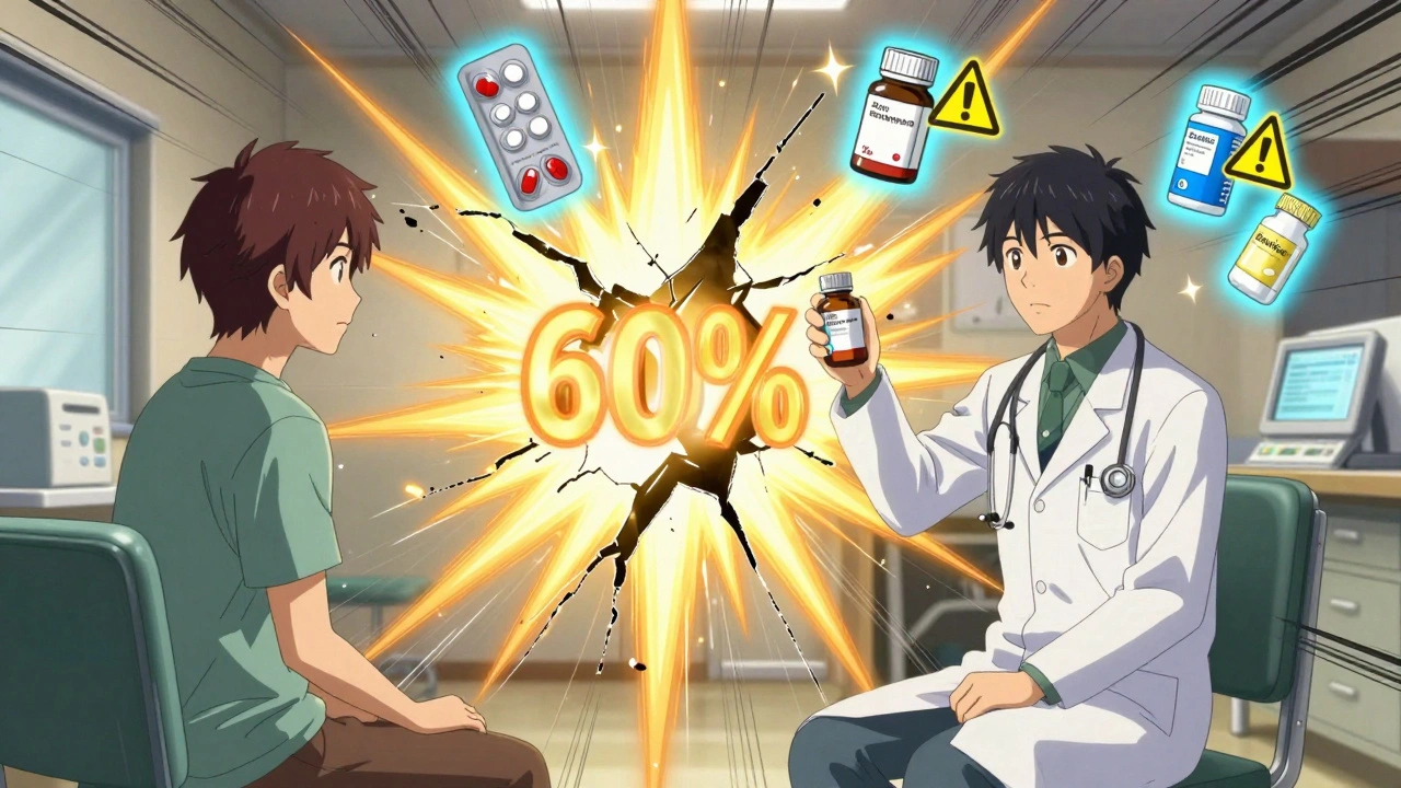 A patient and doctor facing off as St. John’s Wort and efavirenz clash with explosive energy, warning icons floating around them.