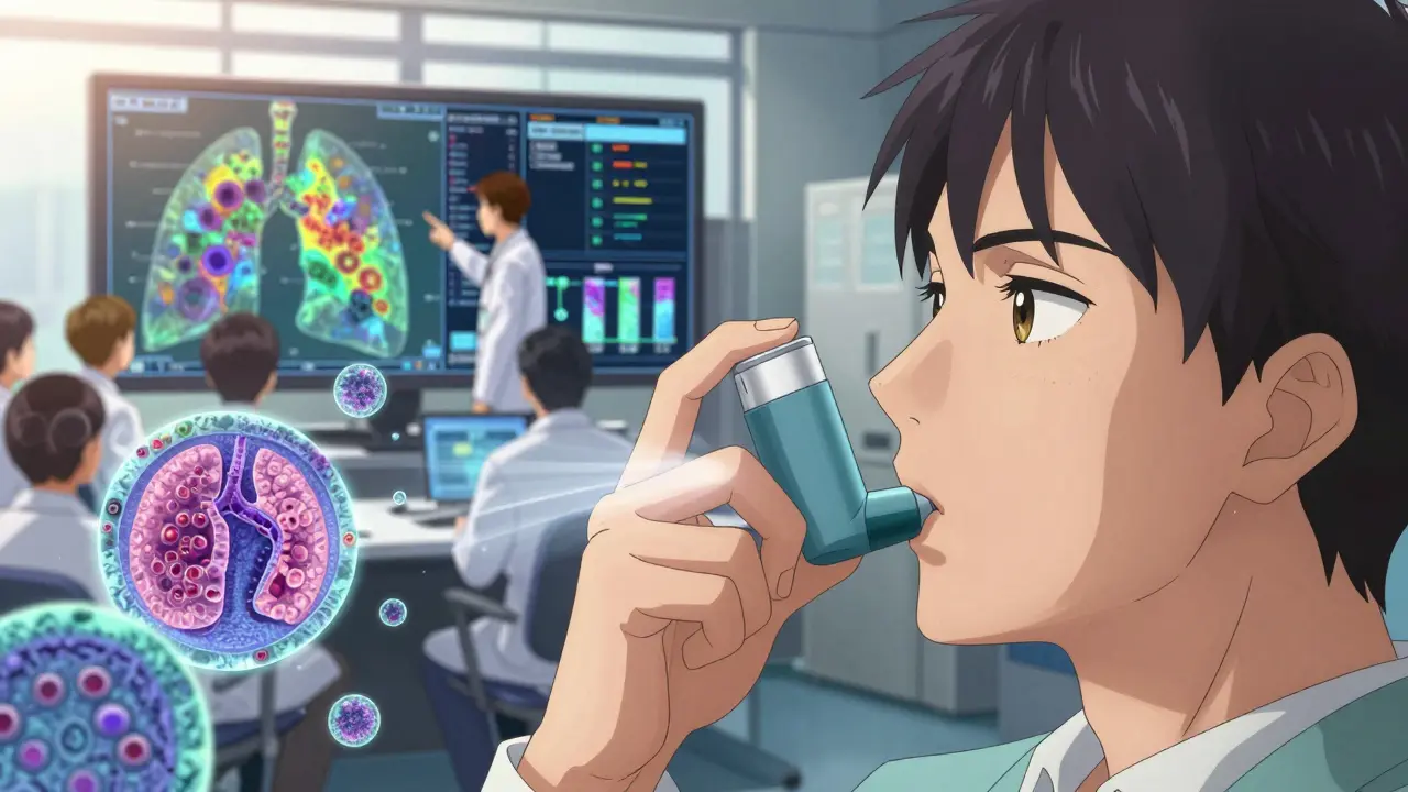 A patient inhaling medication as microscopic drug particles glow inside their lungs, with real-time dispersion maps displayed nearby.