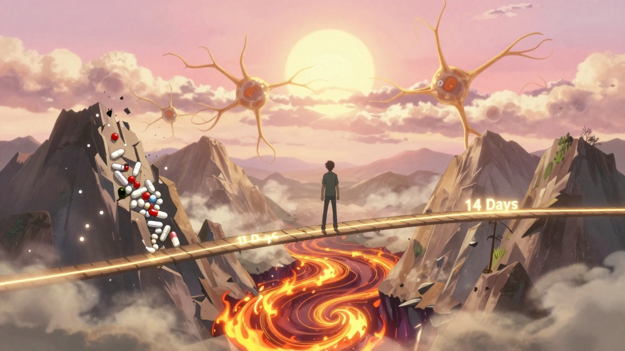 A person climbs a timeline bridge over withdrawal flames, with a rising sun of dopamine neurons above.