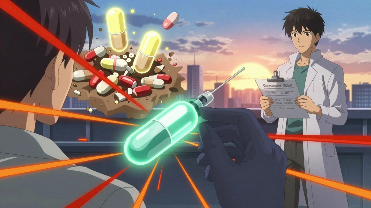 A person receiving a glowing injection as old HIV meds crumble, replaced by safe new ones, symbolizing medical progress.