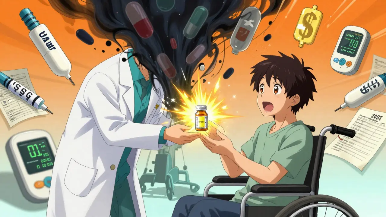 A pharmacist gives a glowing generic pill bottle as a giant brand-name pill looms behind them.