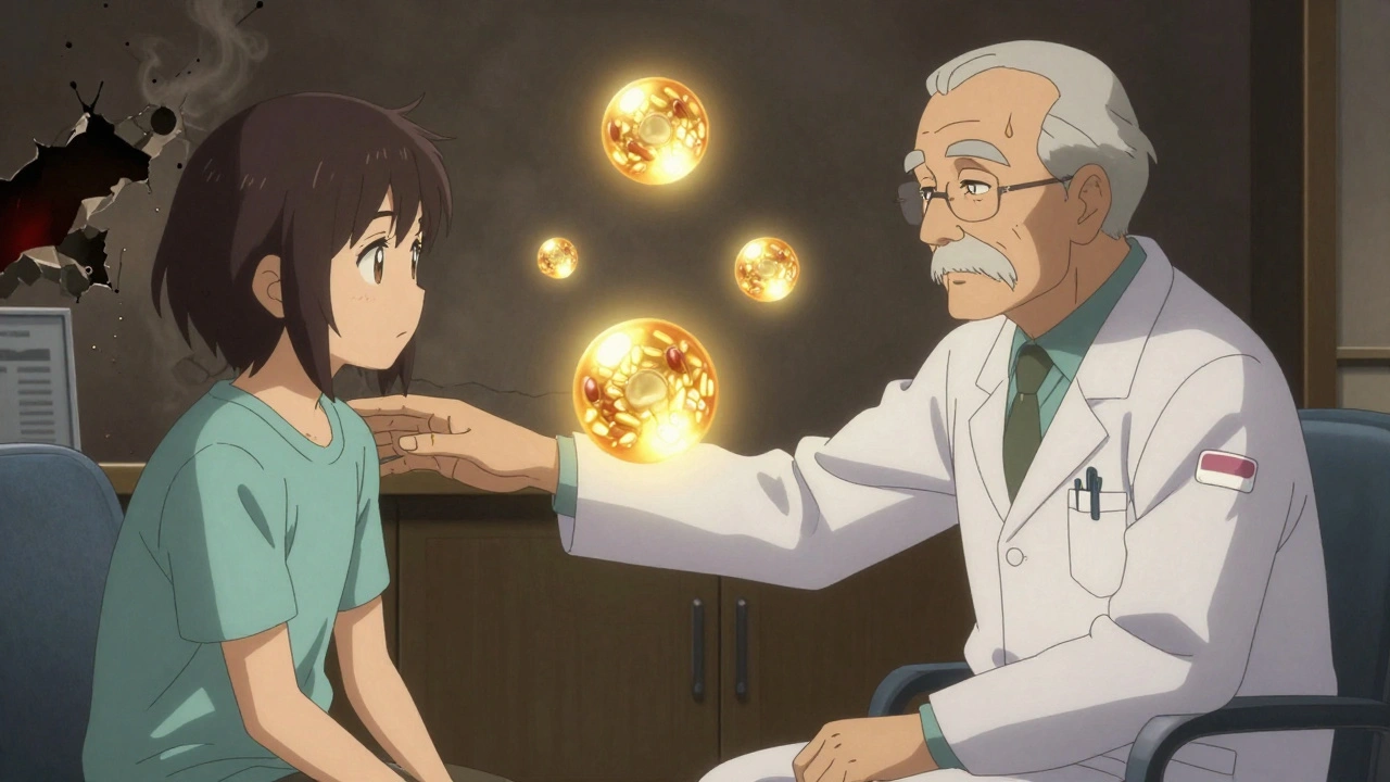 A psychiatrist guides a teen with glowing safe antidepressants floating protectively around them.
