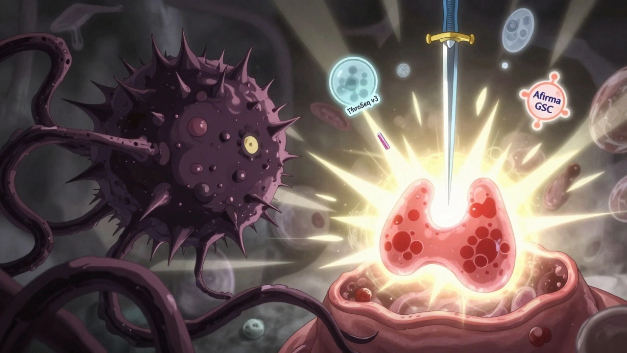 A spectral battle between cancerous and benign thyroid nodules inside a glowing gland, with medical runes floating nearby.