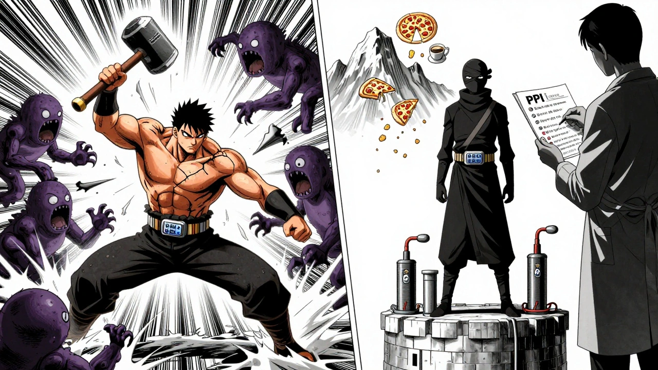 A split-panel battle scene showing an antacid warrior fighting acid monsters while a PPI ninja silences acid pumps, with a doctor observing above.
