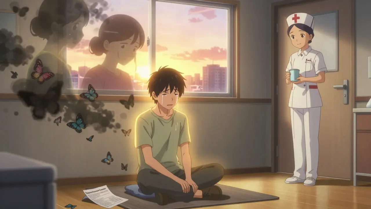 A tearful patient bathed in golden light, watching dark memories turn into butterflies, symbolizing emotional release after esketamine therapy.