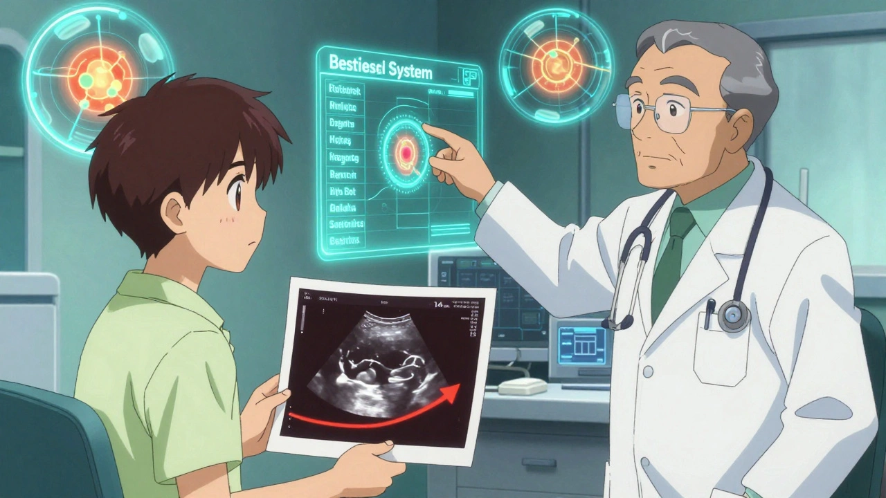 A teen holding an ultrasound image with a growing nodule as a doctor points to a holographic medical chart.