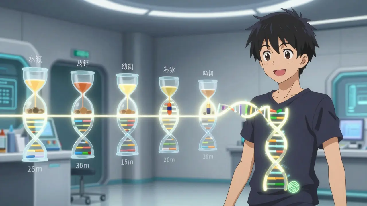 A teen sees their personalized medication timeline projected from their DNA, with glowing time windows for drugs.