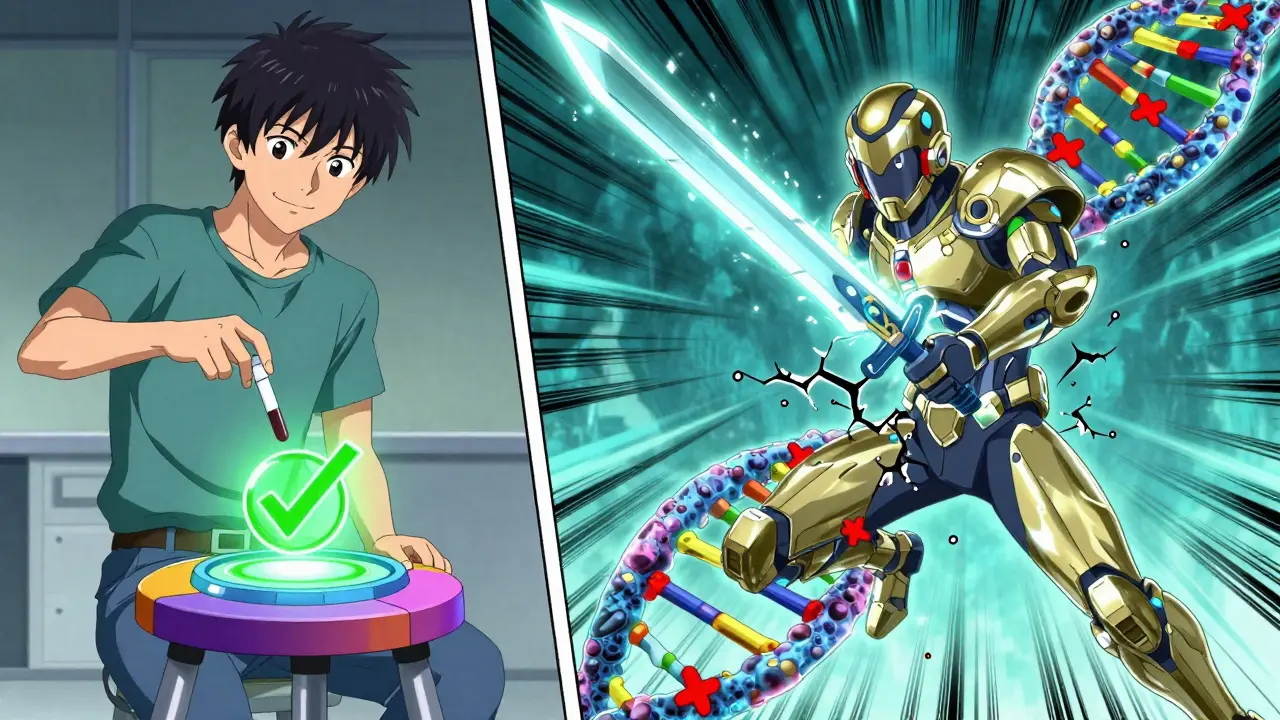 A teen submitting a stool sample while a hologram shows H. pylori resistance being eliminated by treatment.